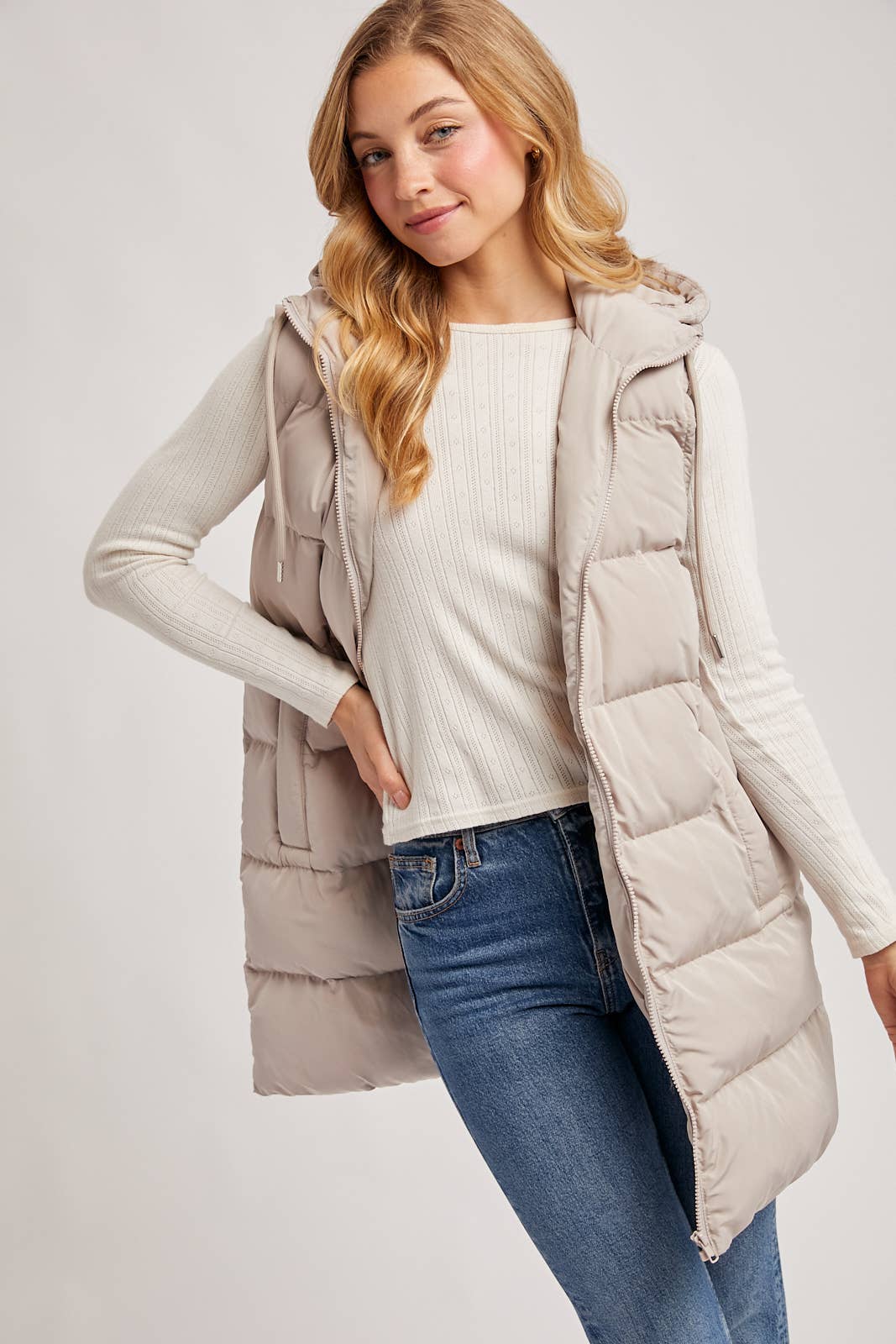 Bluivy - Hooded Zipper Down Longline Puffer Vest