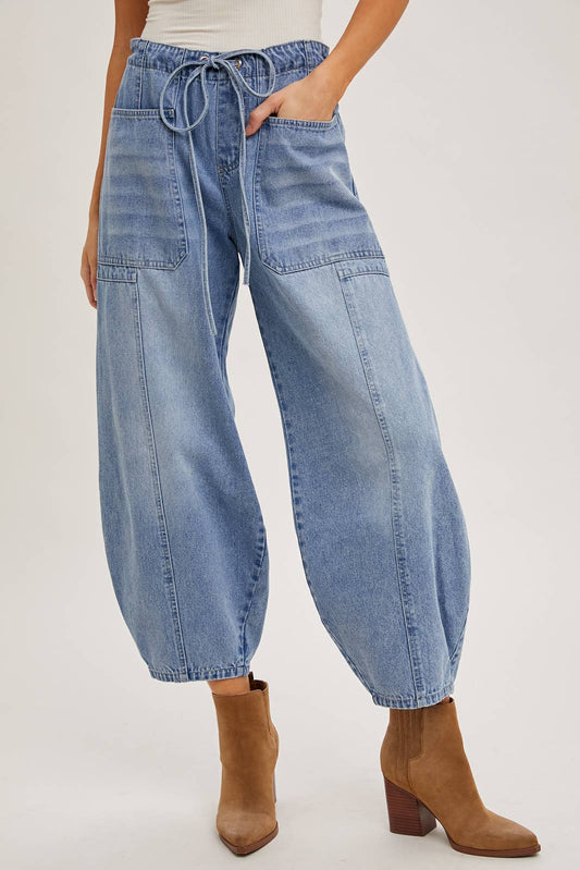 Bluivy - Denim Mid-Waist Drawstring Barrel Jeans