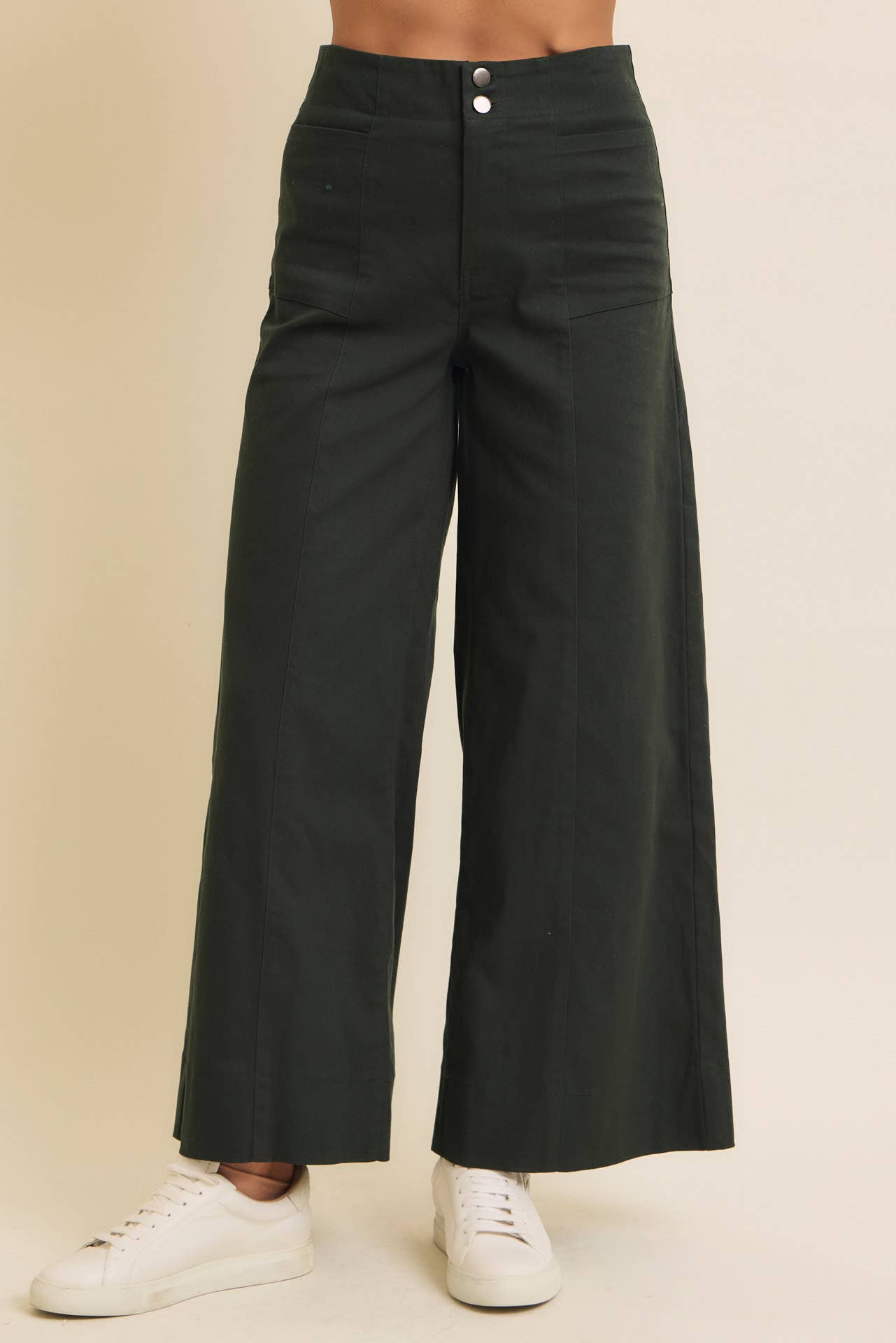 In February - FLATTERING WIDE LEG FULL-LENGTH STRETCHY COTTON TWILL PANTS - BURGUNDY