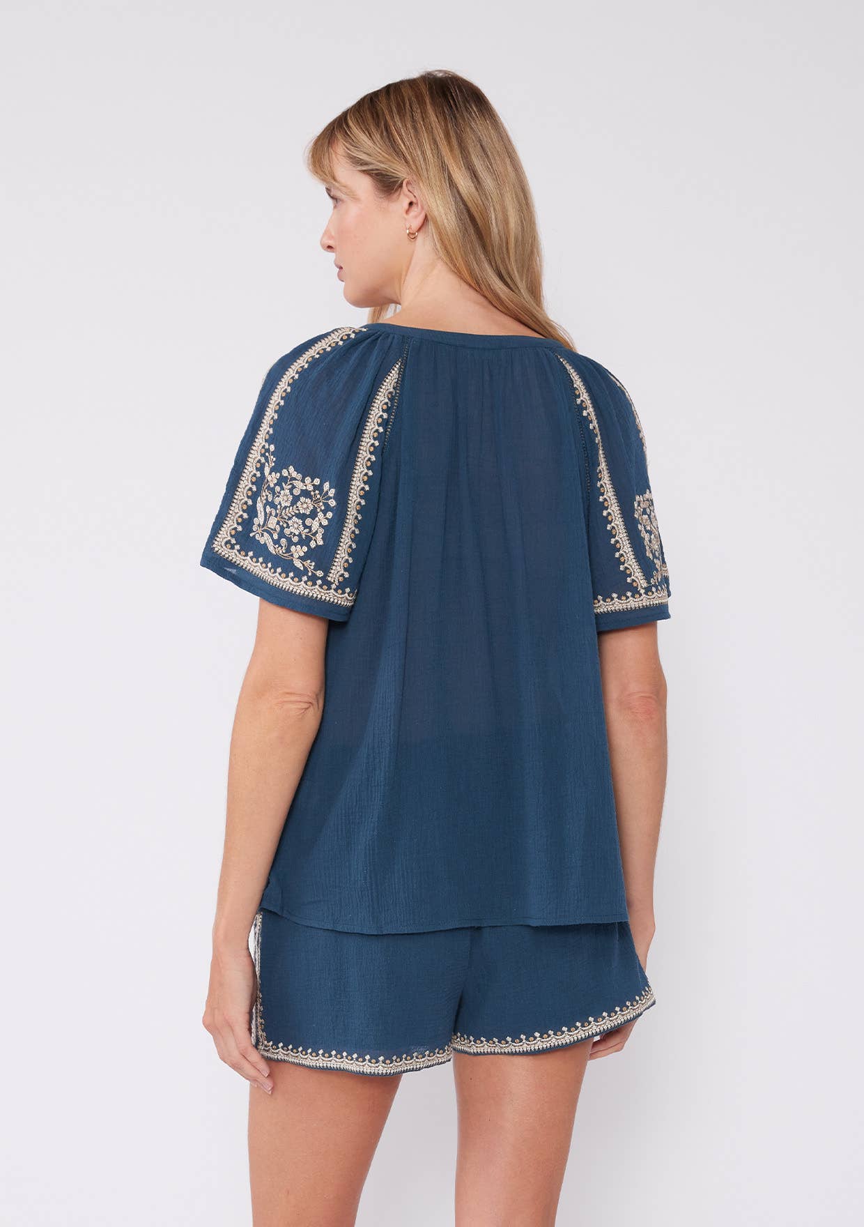 Lovestitch - Embroidered Raglan Short Sleeve Split Neck Top