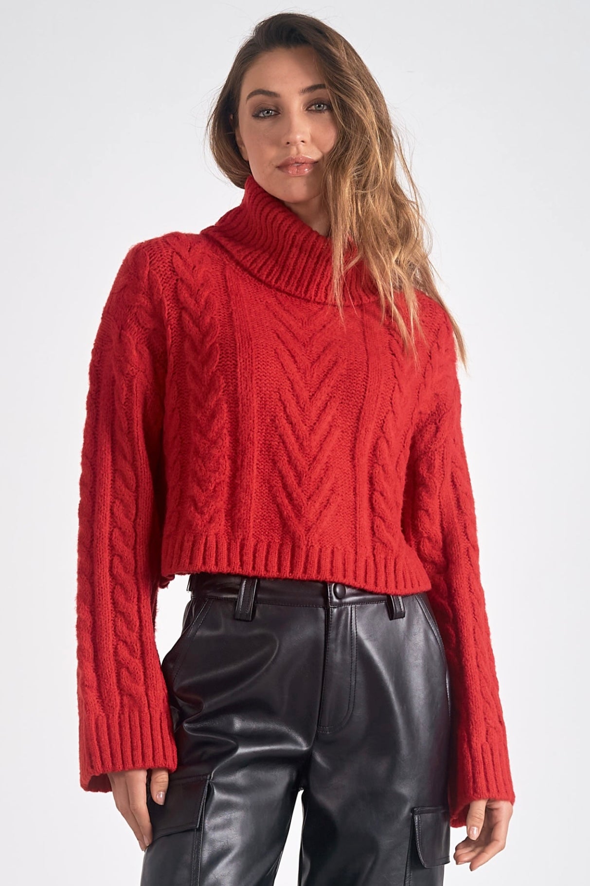 Elan Ruby Cable Knit Turtleneck Sweater - Red