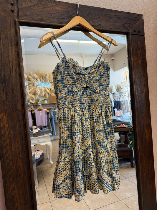 Dress Forum - Stay Cute Smocked Sweetheart Mini Dress: PLAID DENIM