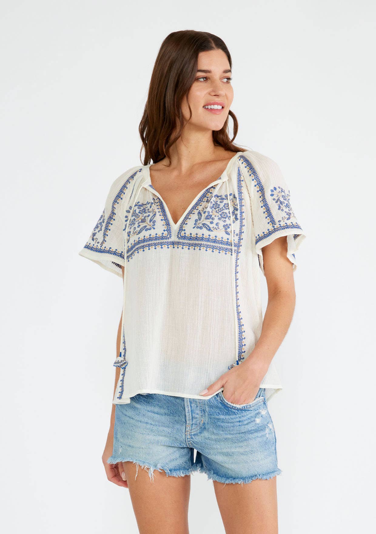 Lovestitch - Embroidered Raglan Short Sleeve Split Neck Top