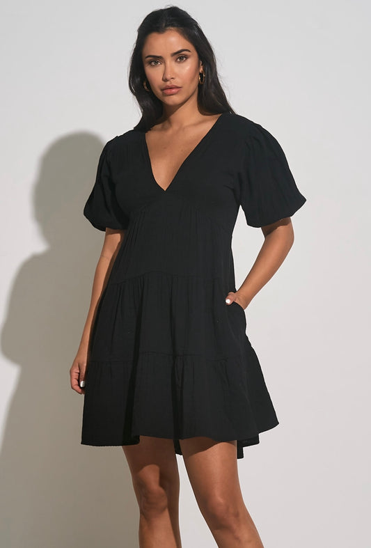 Elan Tiered Gauze Mini Dress - Black