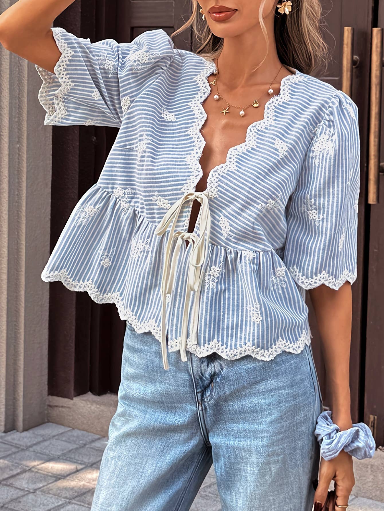 HIDDENBRAND - V-Neck Tie Front Lace Trim Striped Floral Embroidery Top: Blue