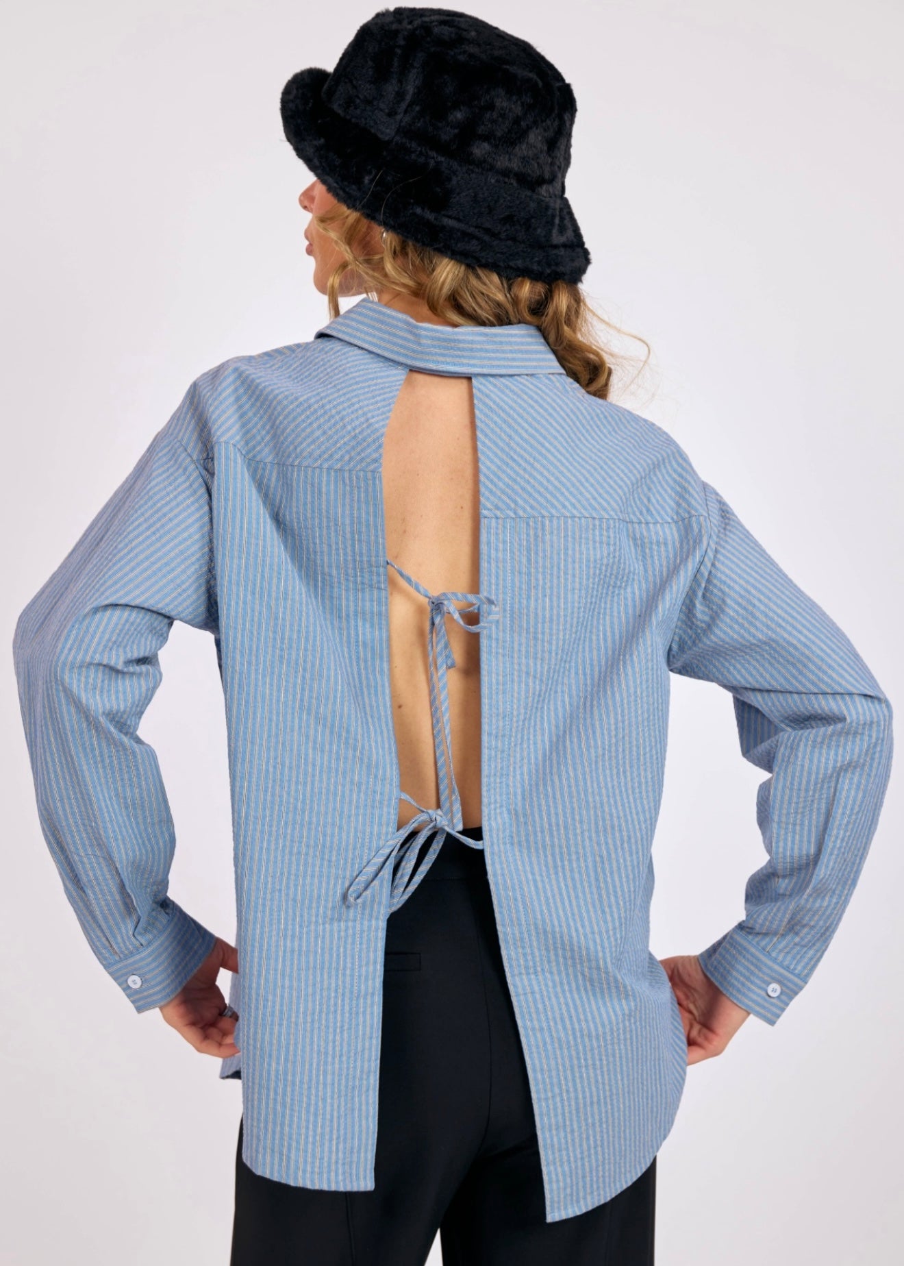 Sage the Label Back Tie Striped Oversized Shirt - Blue