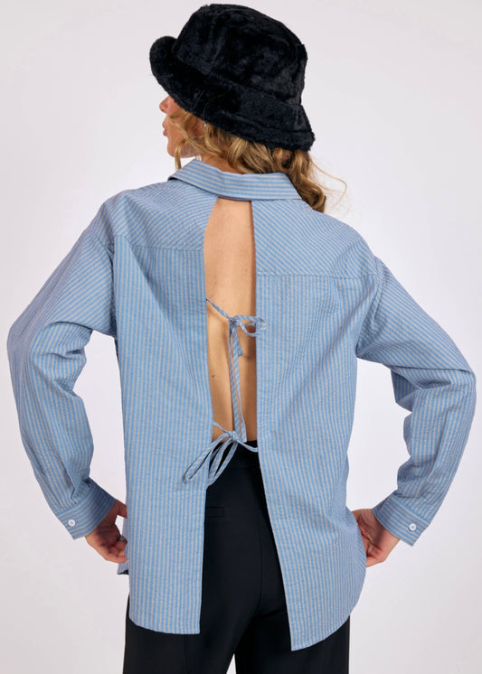 Sage the Label Back Tie Striped Oversized Shirt - Blue