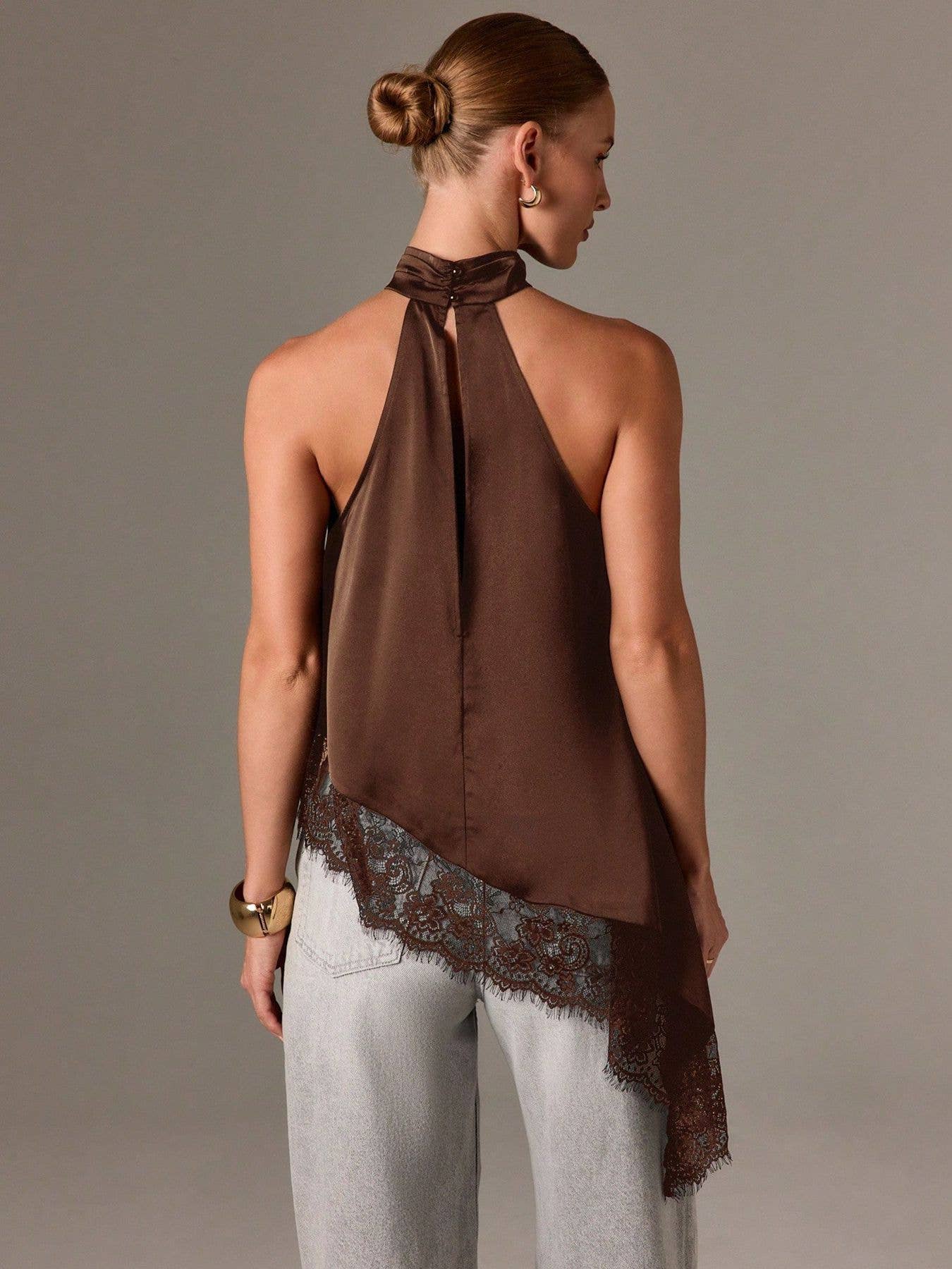 Hope & Sunshine - Lace Trim Satin Halter Top: Brown / Missy / S