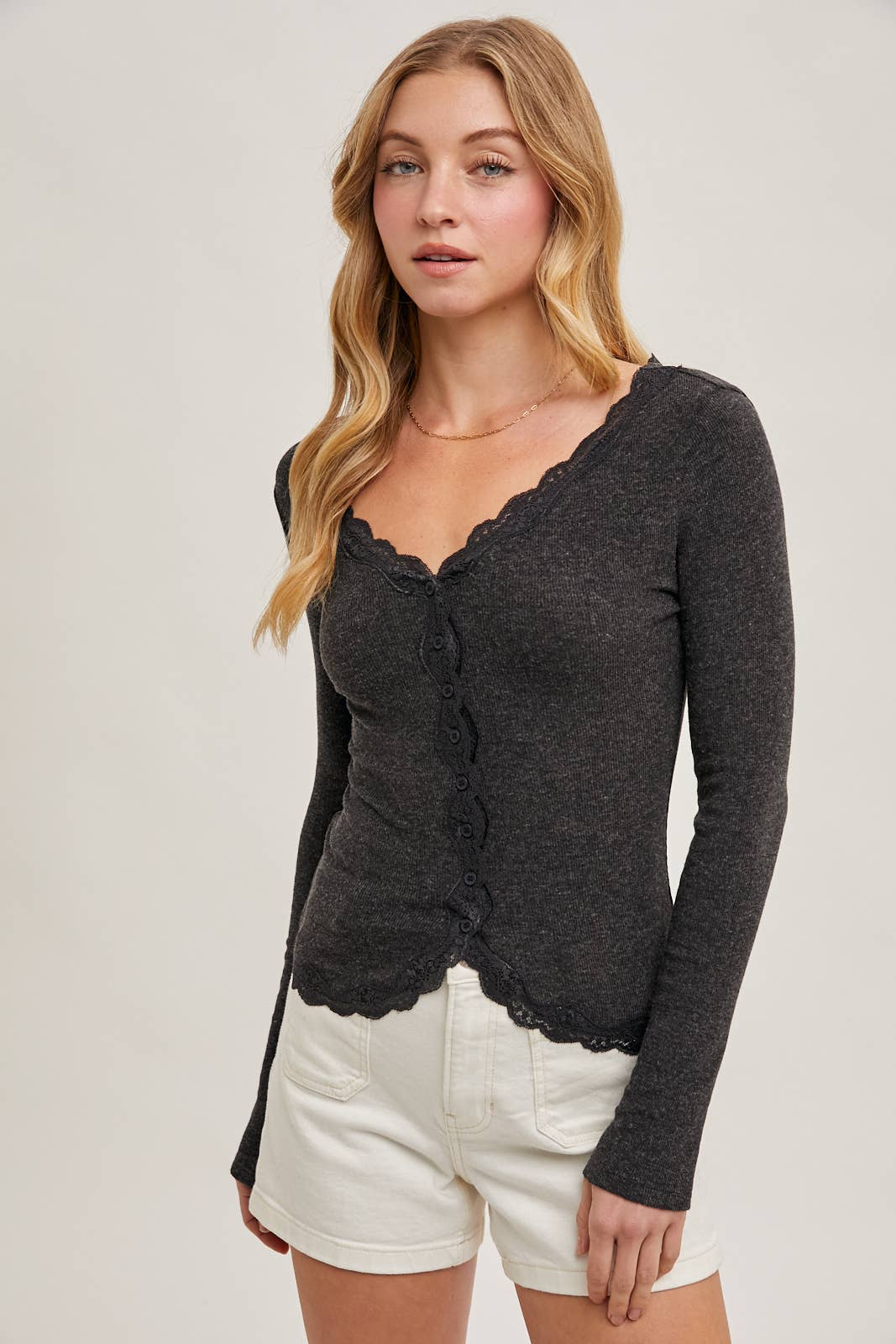 Bluivy - BUTTON DOWN LACE TRIMMED KNIT CARDIGAN TOP: OATMEAL / M
