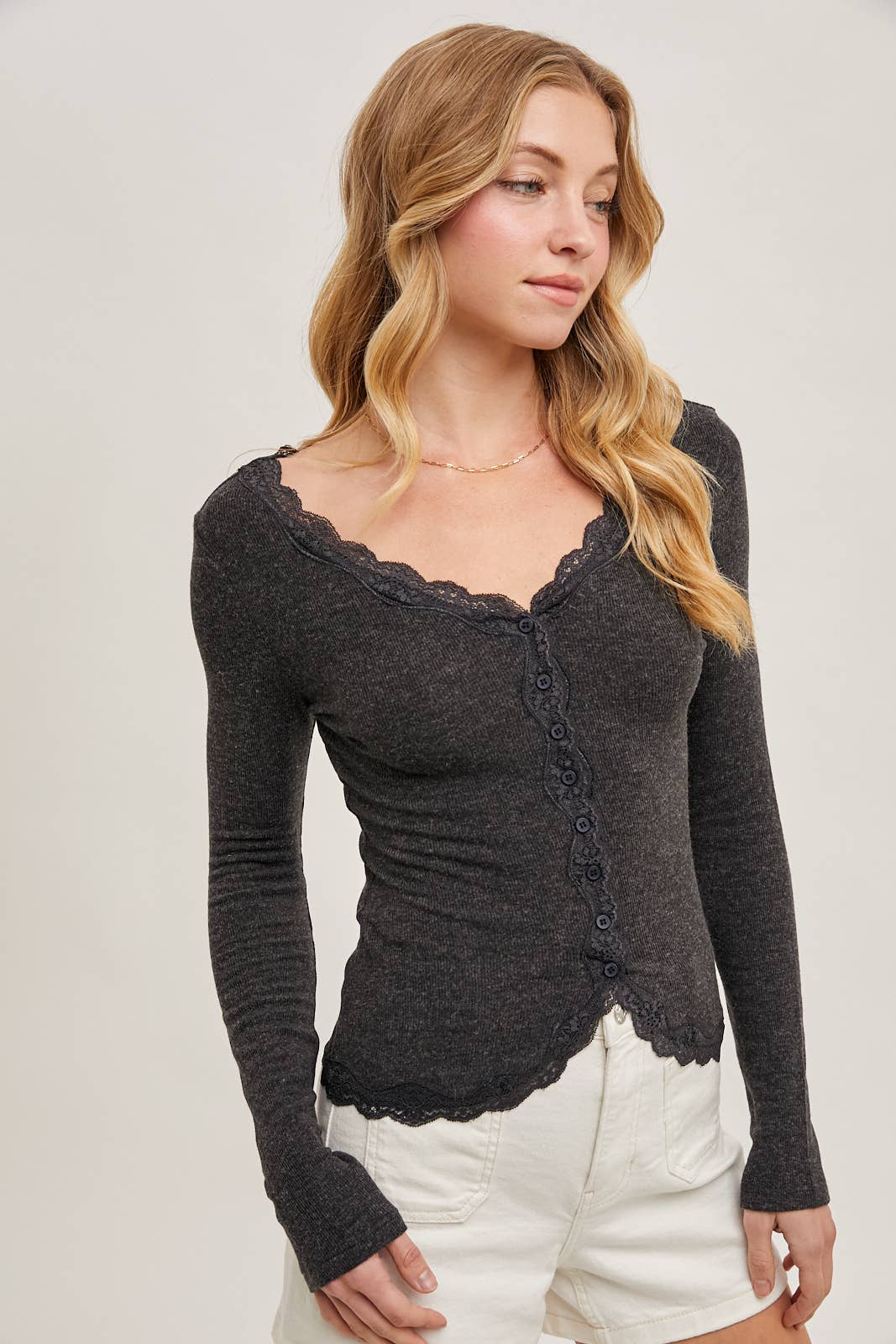 Bluivy - BUTTON DOWN LACE TRIMMED KNIT CARDIGAN TOP: OATMEAL / M