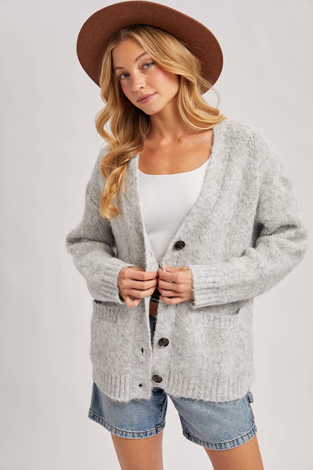 Bluivy - Button Down Fuzzy Heathered Knit Sweater Cardigan