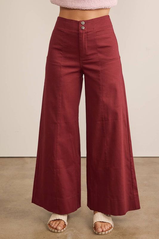 In February - FLATTERING WIDE LEG FULL-LENGTH STRETCHY COTTON TWILL PANTS - BURGUNDY