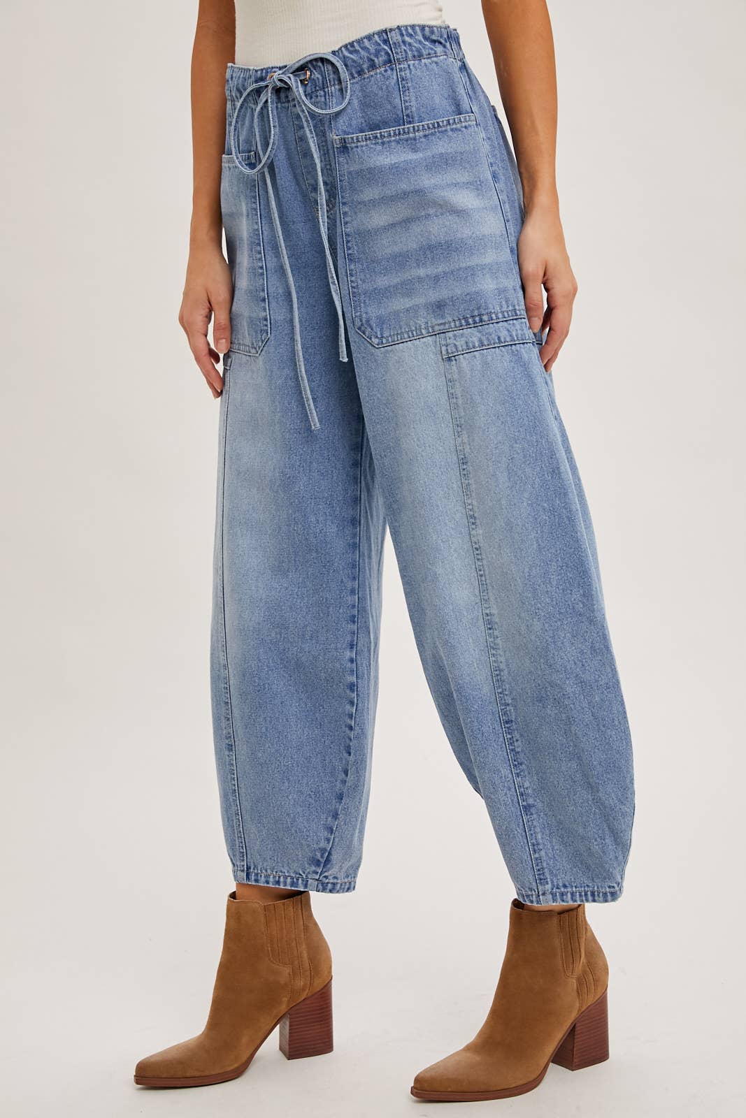 Bluivy - Denim Mid-Waist Drawstring Barrel Jeans