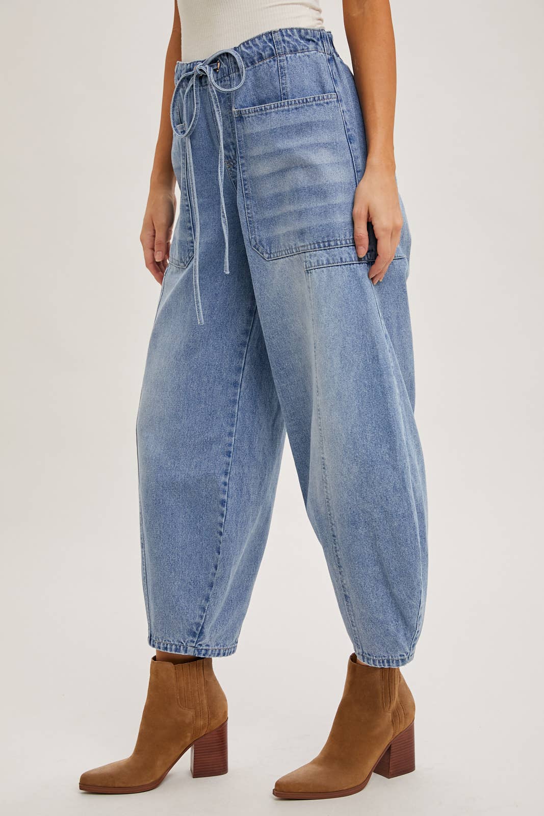 Bluivy - Denim Mid-Waist Drawstring Barrel Jeans
