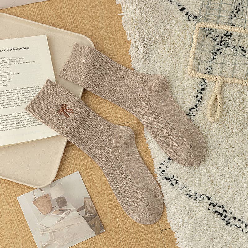 Dipped Shop - Simple Thicken Warm Bow Embroidery Crew Socks : Khaki