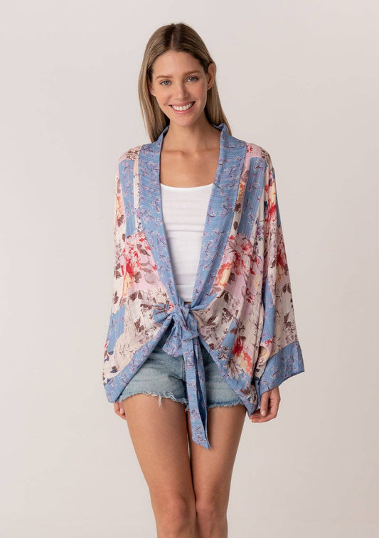 Lovestitch - Spring Floral Patchwork Tie Front Kimono Top: Natural/Periwinkle