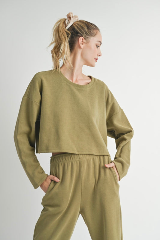 Sadie & Sage Relaxed Stay Cropped Crewneck - Dark Sage