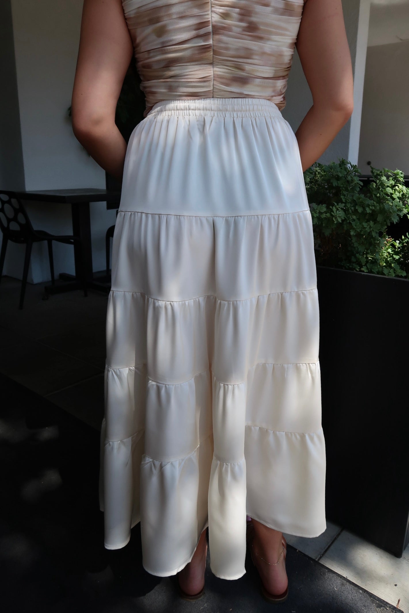 Needii Satin Tiered Maxi Skirt - White