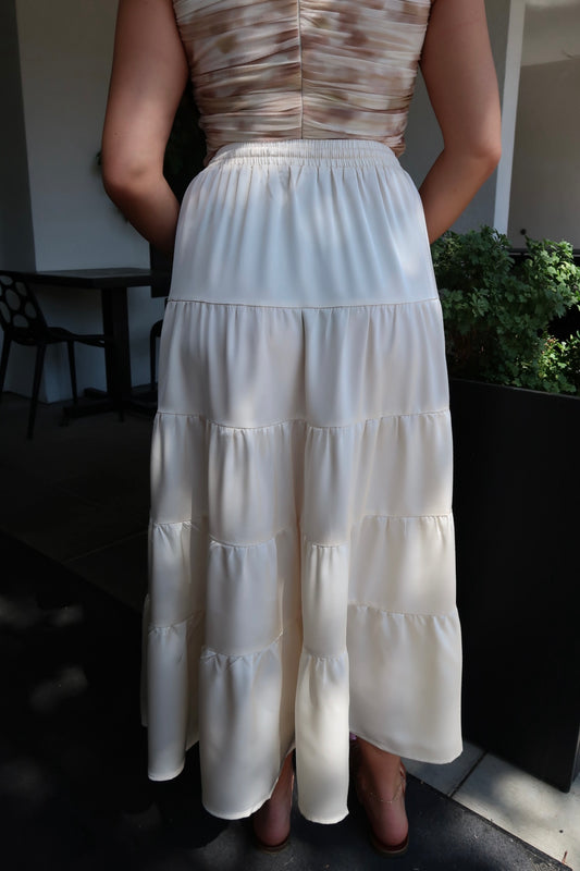 Needii Satin Tiered Maxi Skirt - White