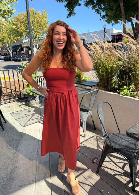 Needii Ribbed Contrast Tube Dress - Rust