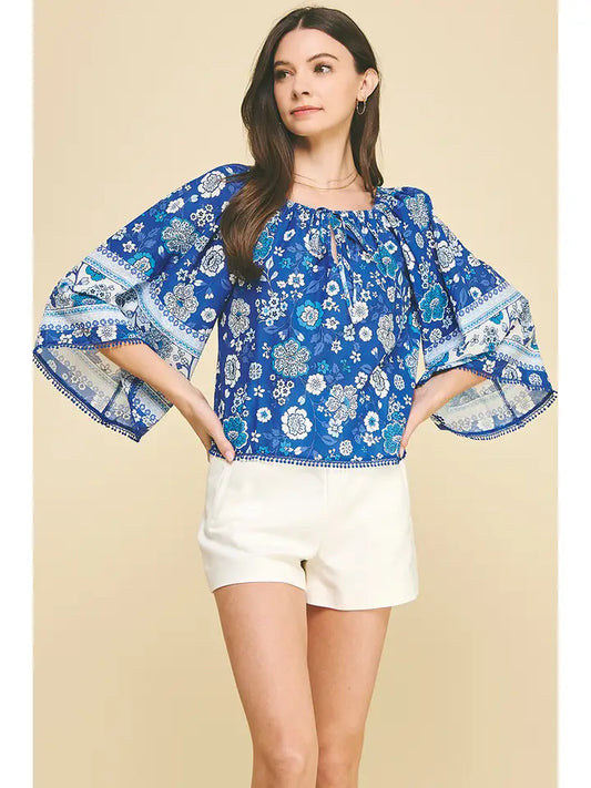Pinch Floral Wie Sleeve Embroidered Top - Blue/Wht