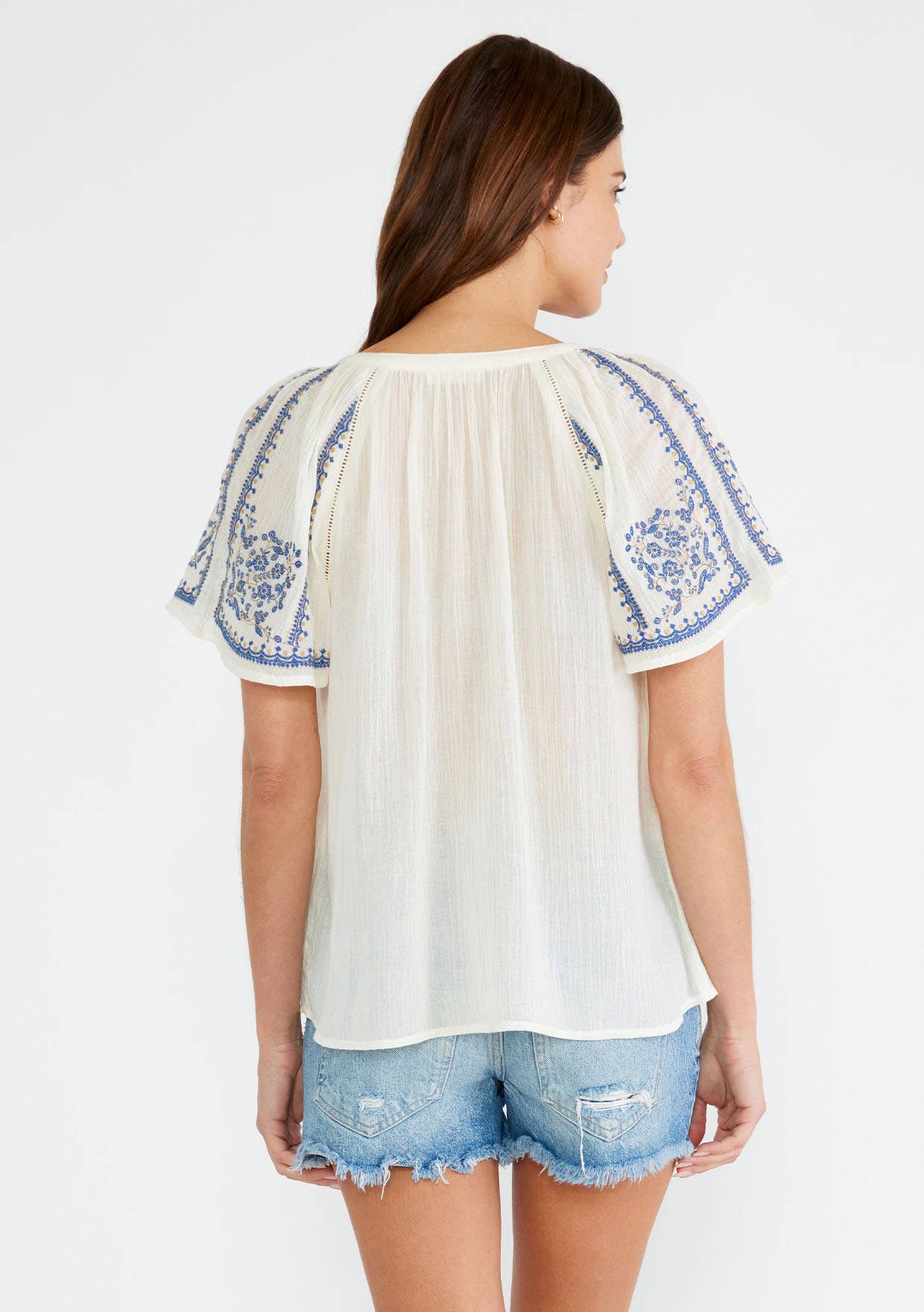 Lovestitch - Embroidered Raglan Short Sleeve Split Neck Top