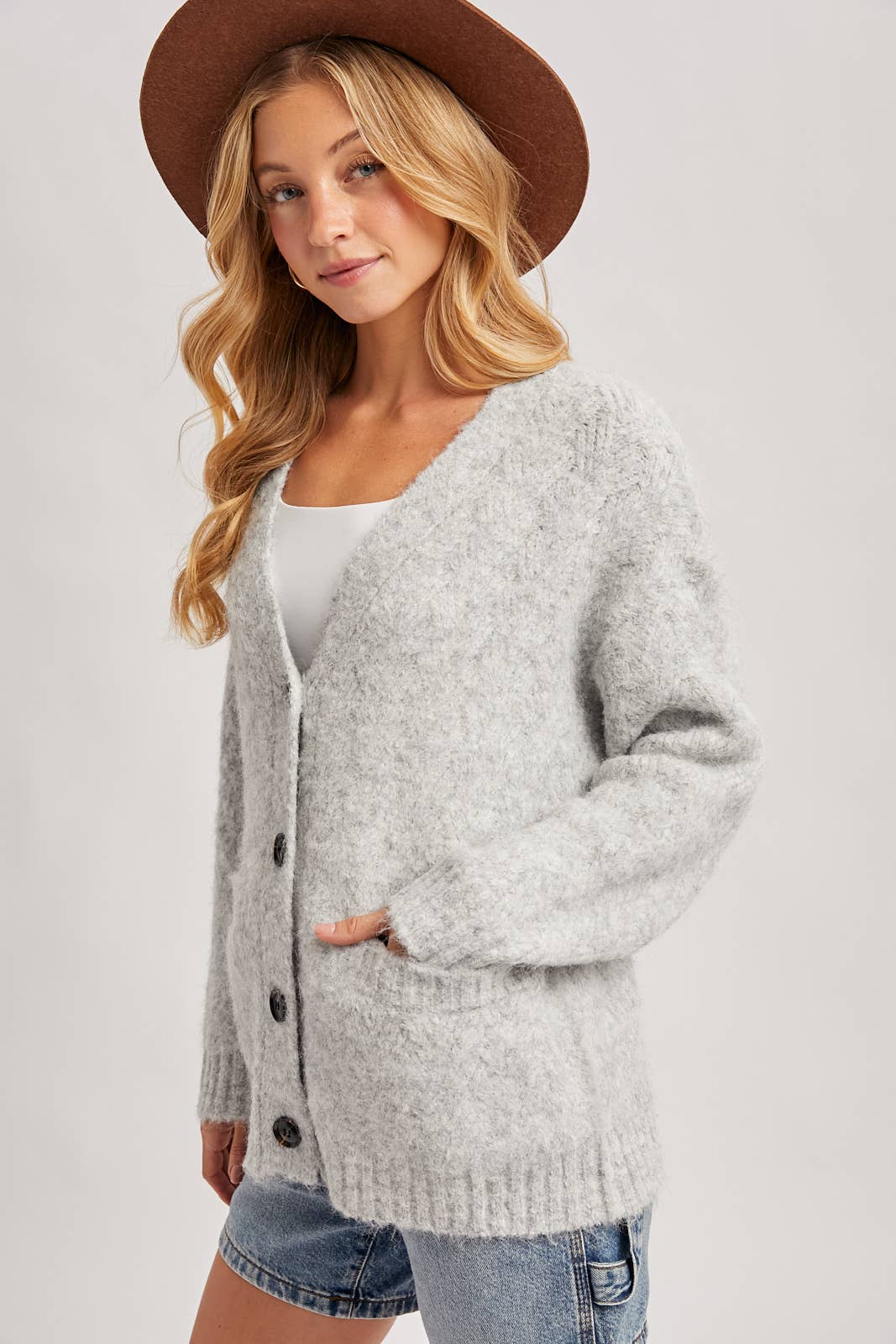 Bluivy - Button Down Fuzzy Heathered Knit Sweater Cardigan