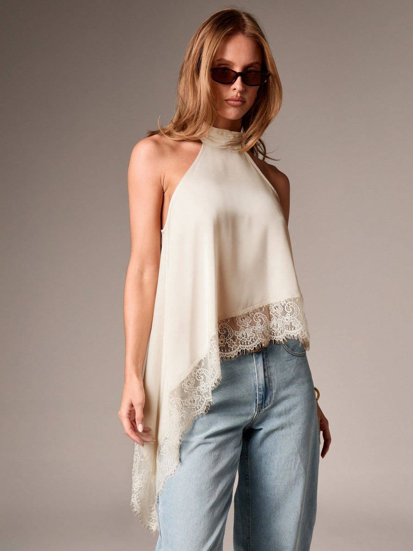 Hope & Sunshine - Lace Trim Satin Halter Top: Champange