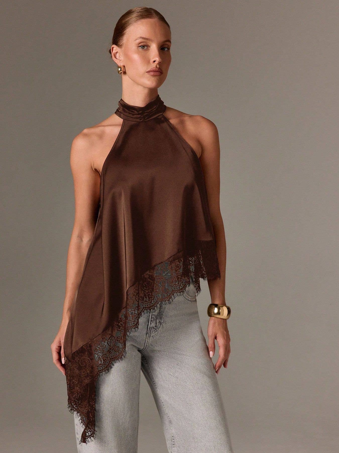 Hope & Sunshine - Lace Trim Satin Halter Top: Brown / Missy / S