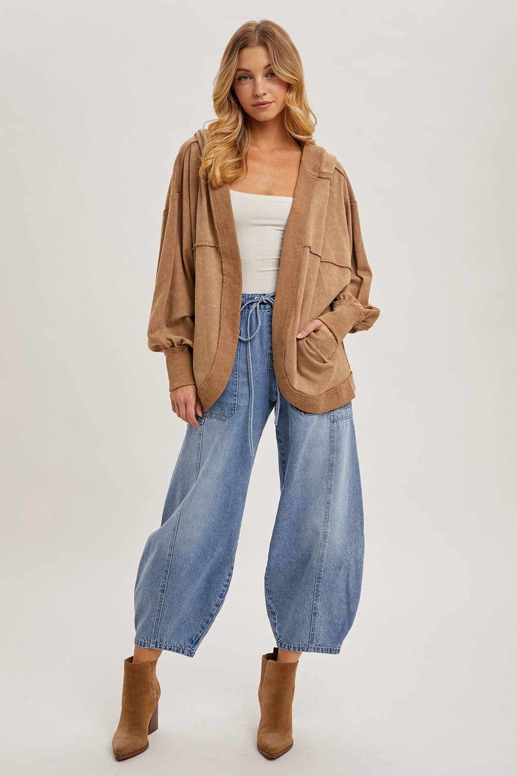 Bluivy - Denim Mid-Waist Drawstring Barrel Jeans