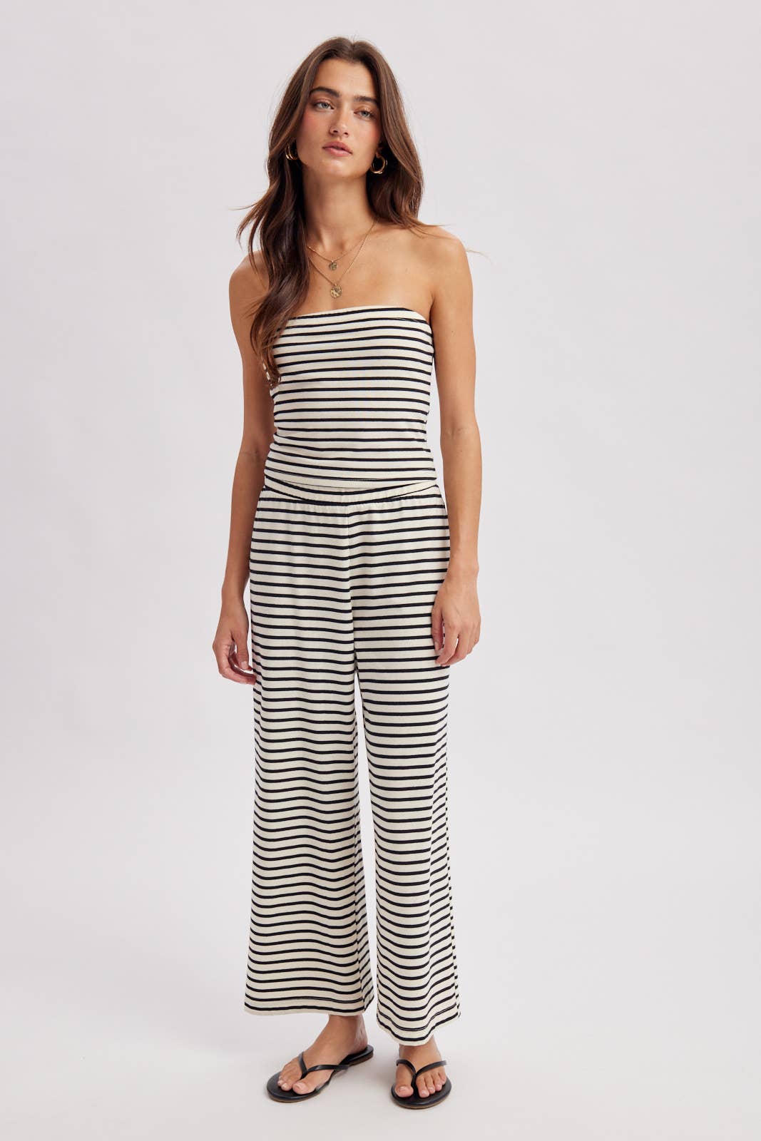 Wishlist Apparel - STRIPED KNIT TUBE TOP AND PANTS SET: CREAM/BLACK