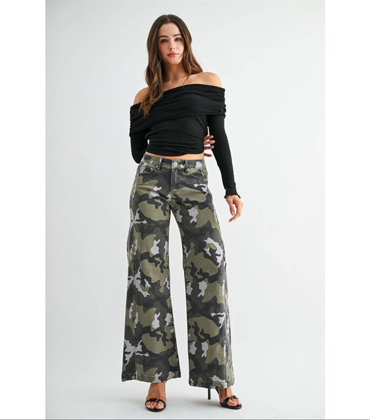 Mica Denim - The Roxy - MID-RISE WIDE LEG - TUMMY TUCK SEAMED FRONT:  CAMO