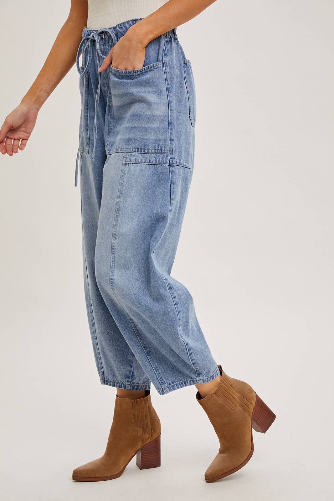 Bluivy - Denim Mid-Waist Drawstring Barrel Jeans