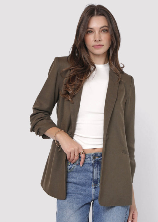 Sadie & Sage Backyard Rushed Linen Blazer - Olive