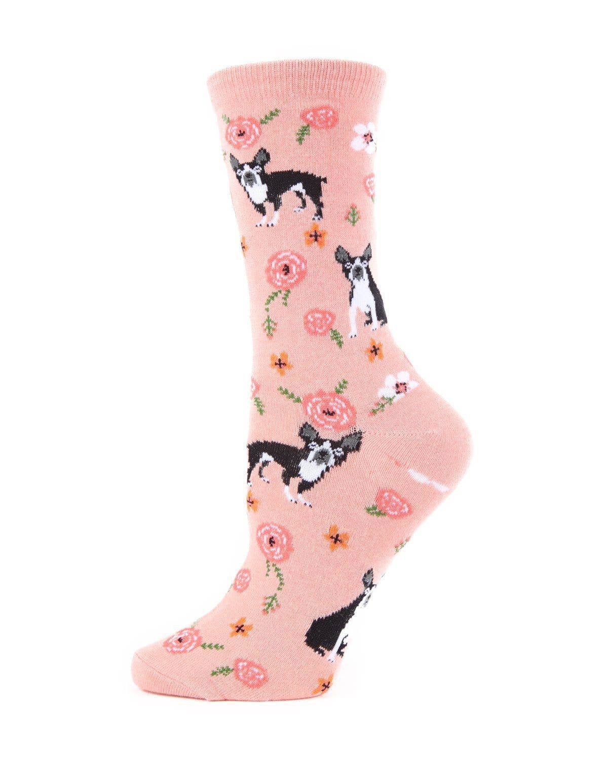 Infinity Classics International Inc. - MeMoi French Bulldog and Roses Bamboo Crew Novelty Socks: Mellow Rose / 9-11