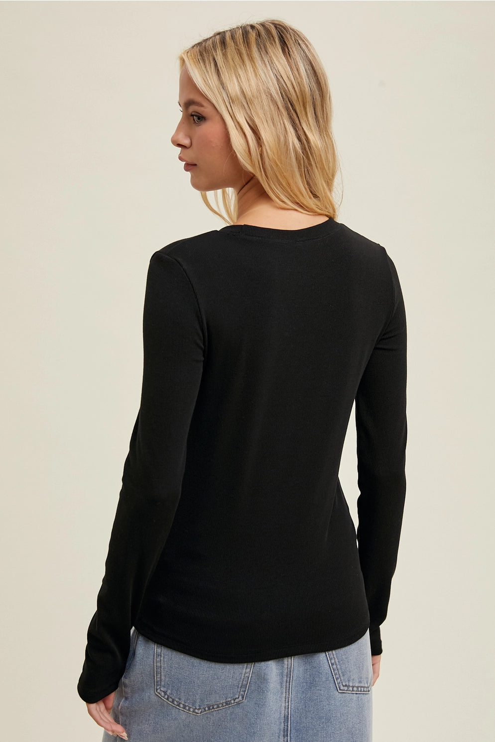 Wishlist Round Neck Fitted Ribbed Knit Top - Black