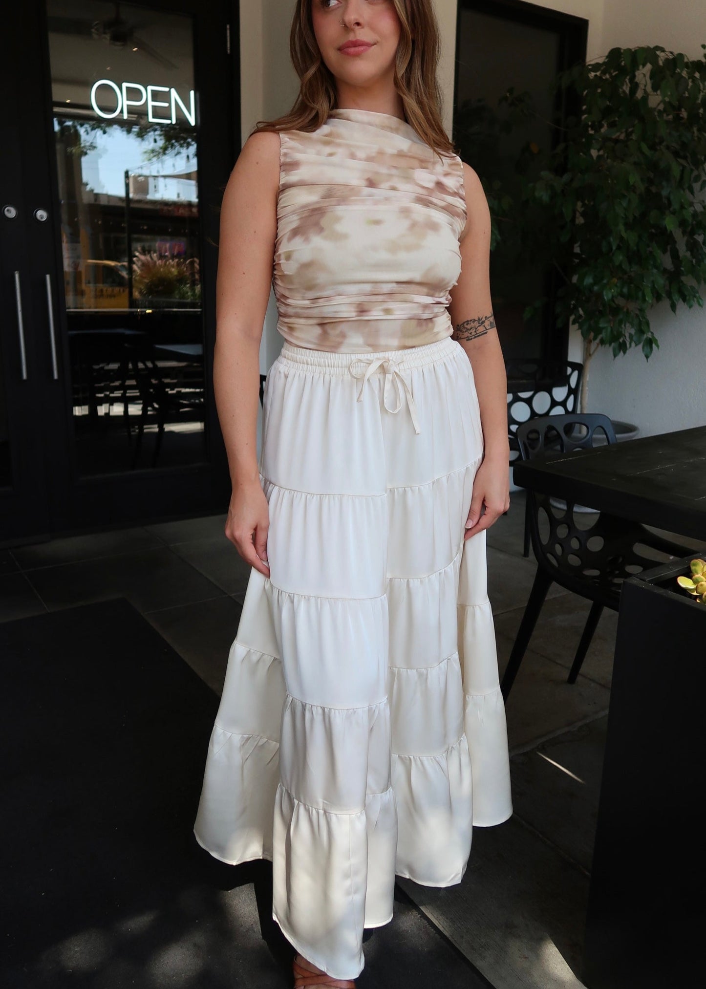 Needii Satin Tiered Maxi Skirt - White