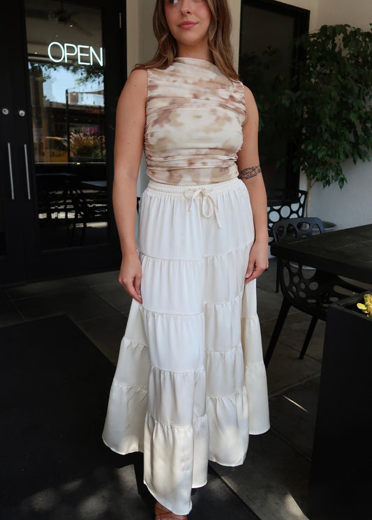 Needii Satin Tiered Maxi Skirt - White