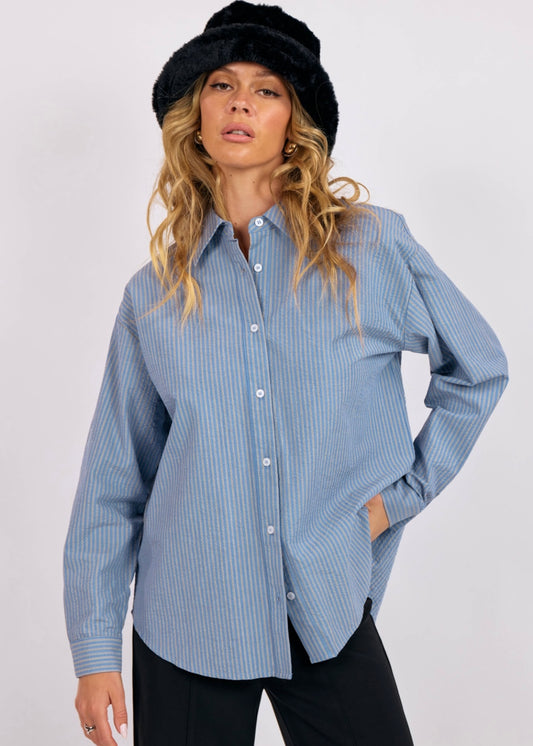 Sage the Label Back Tie Striped Oversized Shirt - Blue