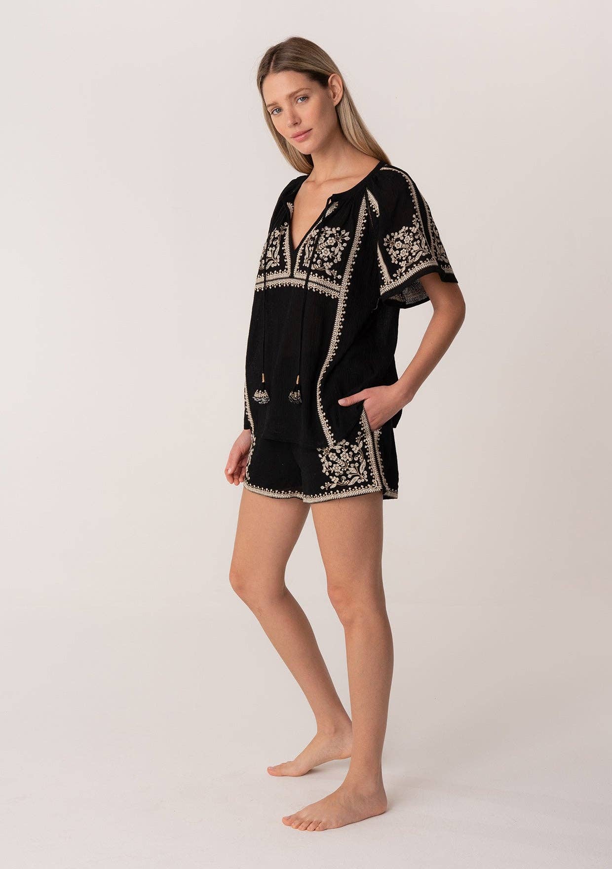 Lovestitch - Embroidered Raglan Short Sleeve Split Neck Top