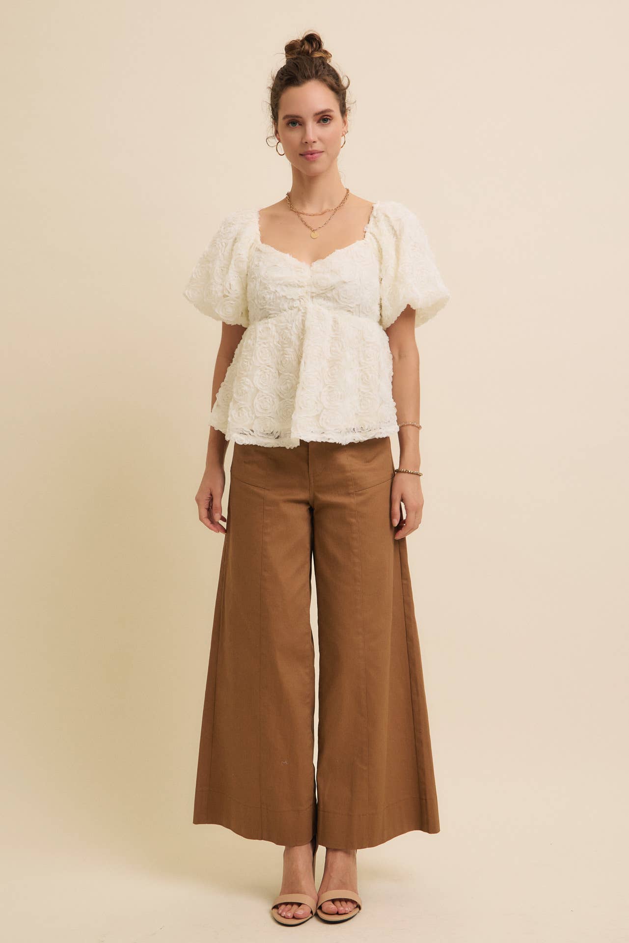 In February - FLATTERING WIDE LEG FULL-LENGTH STRETCHY COTTON TWILL PANTS - BURGUNDY