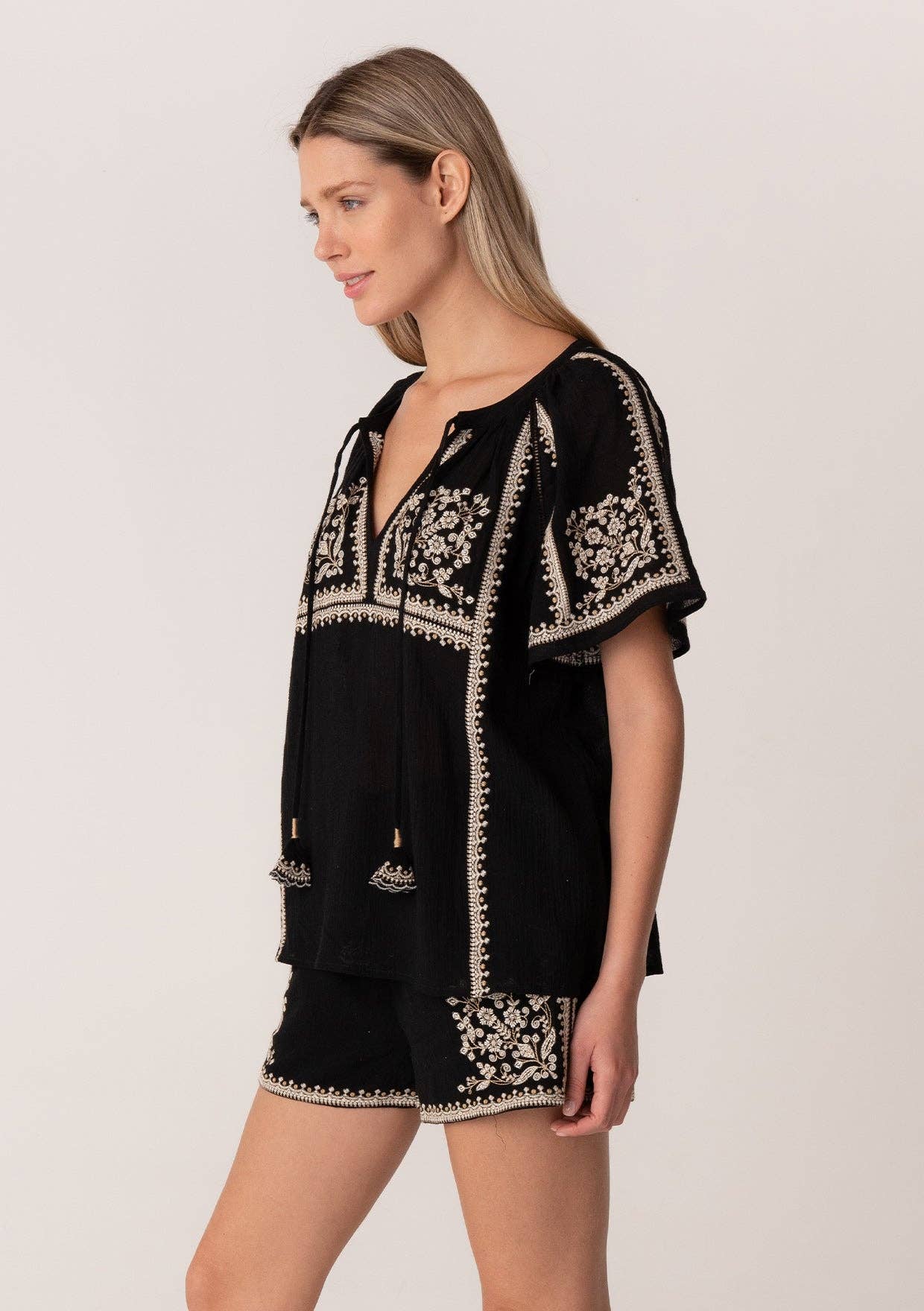 Lovestitch - Embroidered Raglan Short Sleeve Split Neck Top