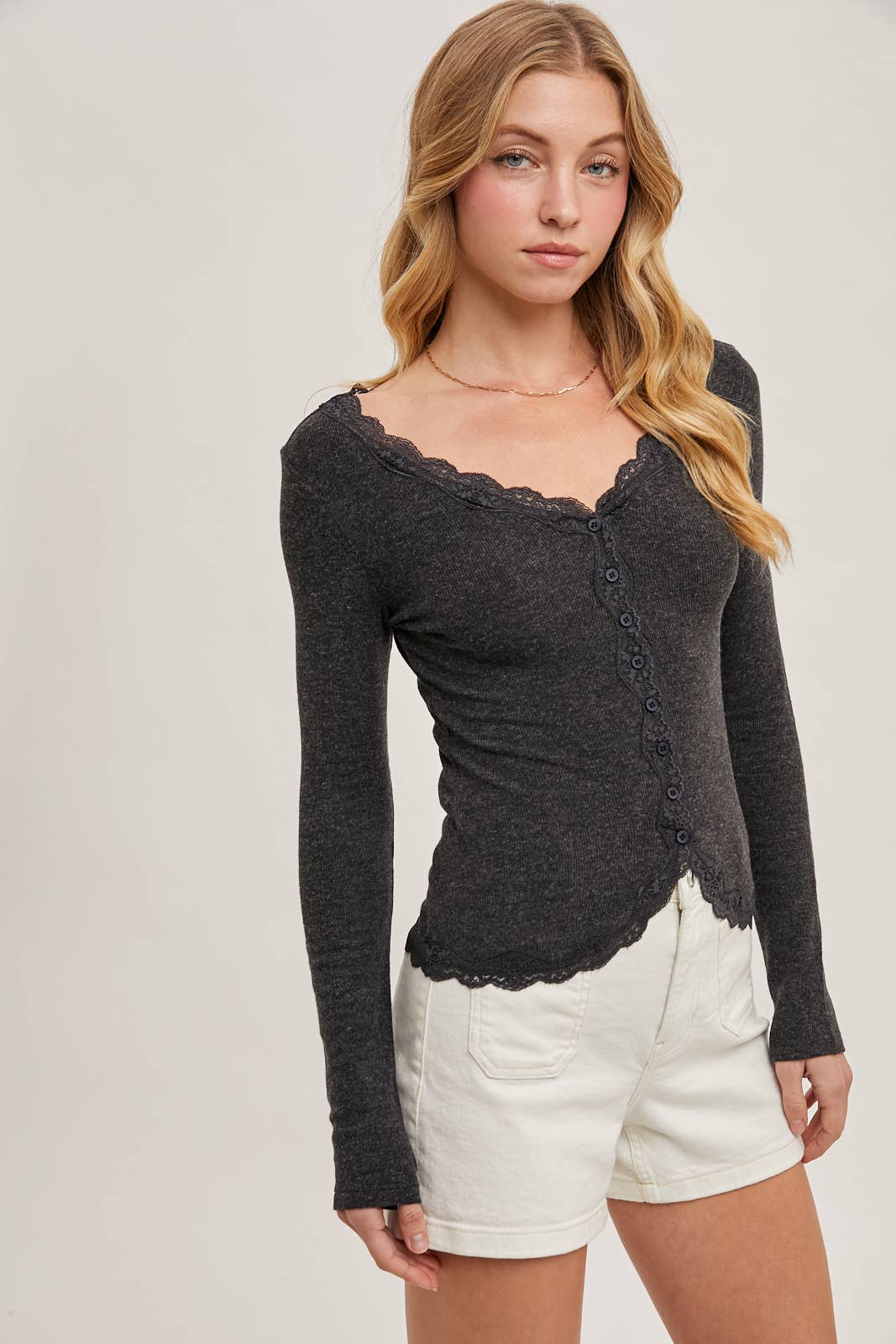 Bluivy - BUTTON DOWN LACE TRIMMED KNIT CARDIGAN TOP: OATMEAL / M