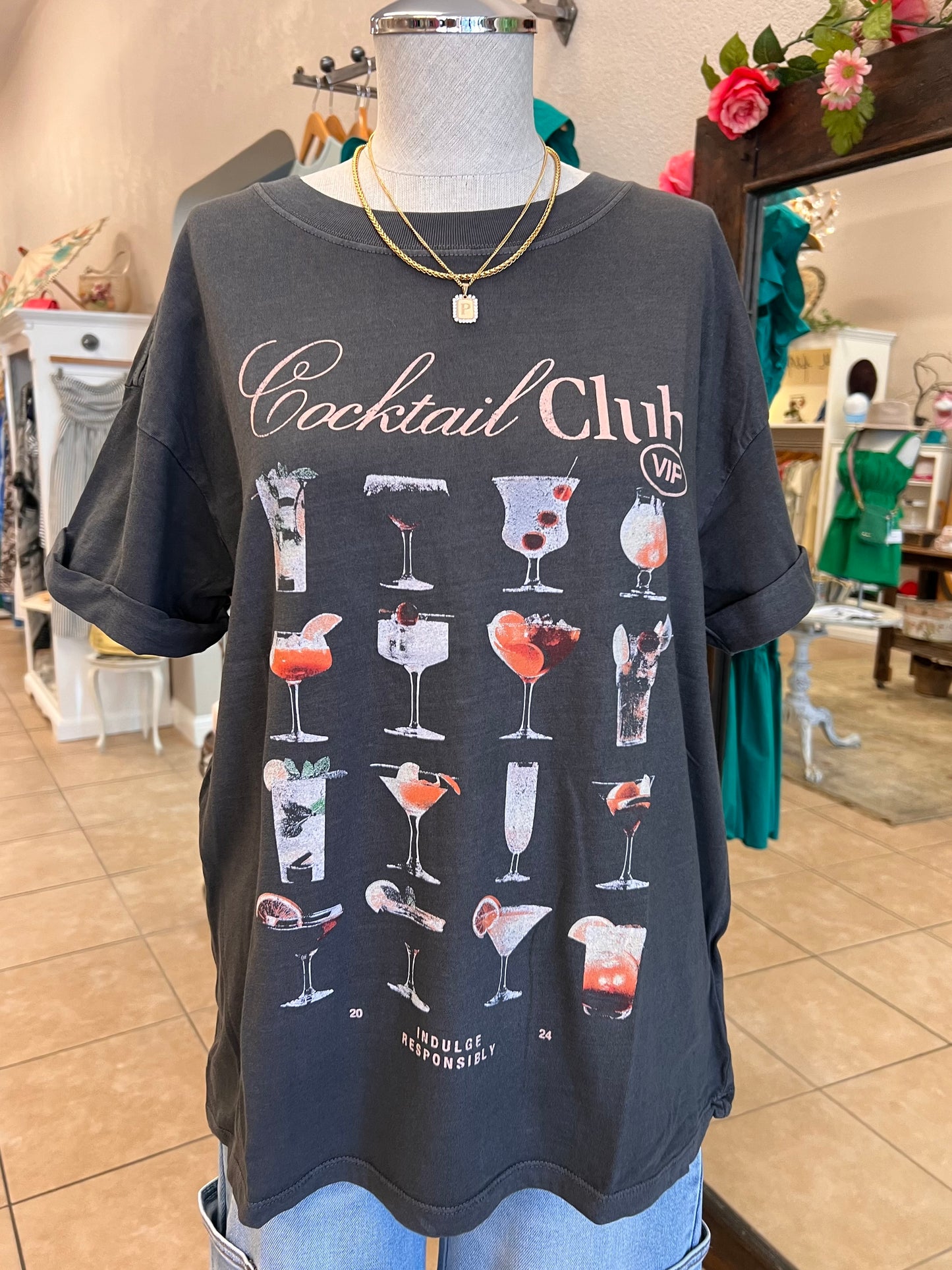 Girl Dangerous Cocktail Club Vintage Graphic Tee - Charcoal