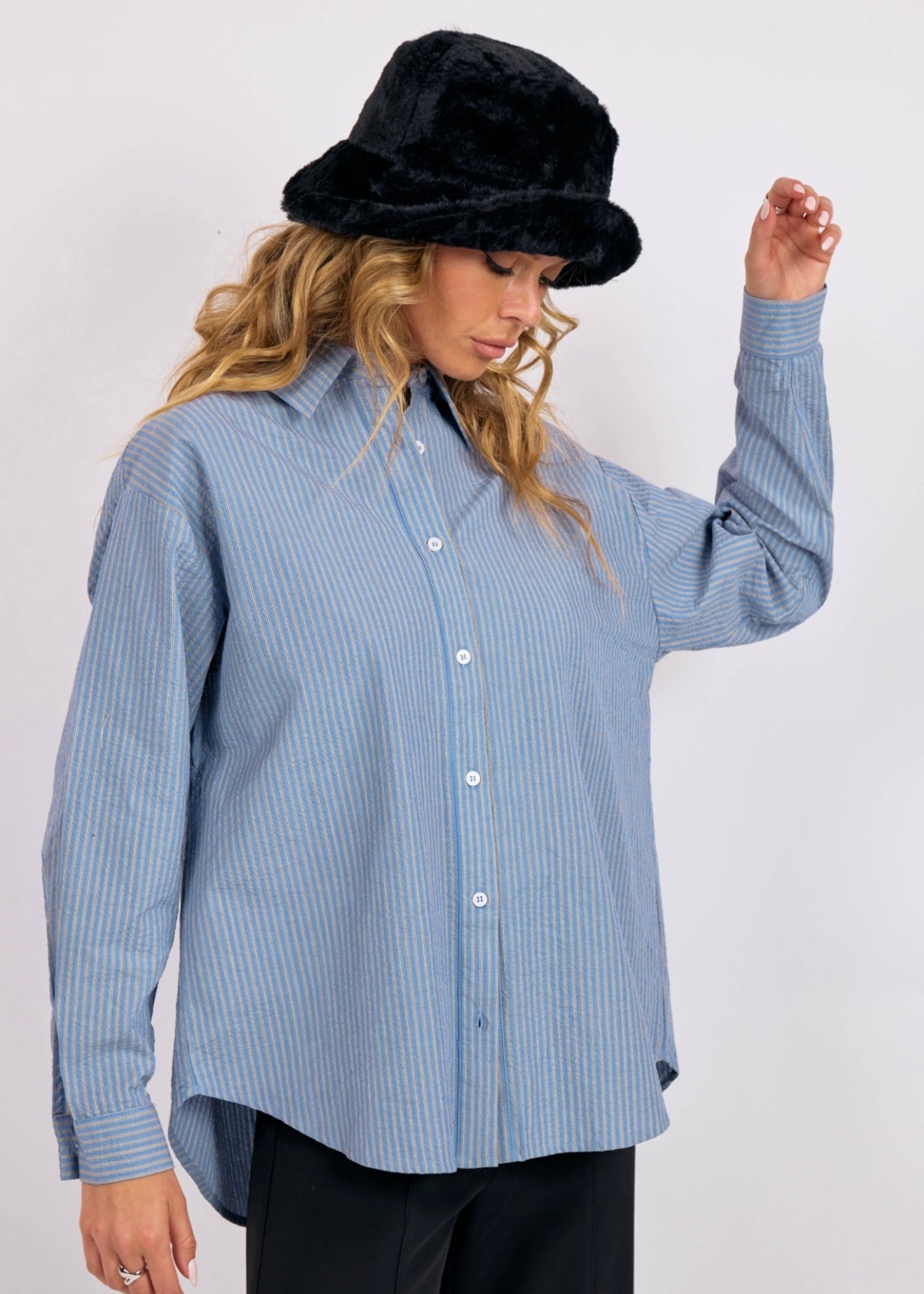 Sage the Label Back Tie Striped Oversized Shirt - Blue