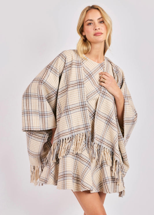 Sadie & Sage Cedar Plaid Fringe Hem Poncho