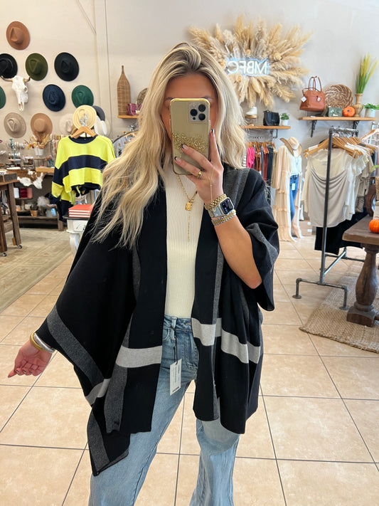 Pinch Knit Striped Poncho - Black/Grey