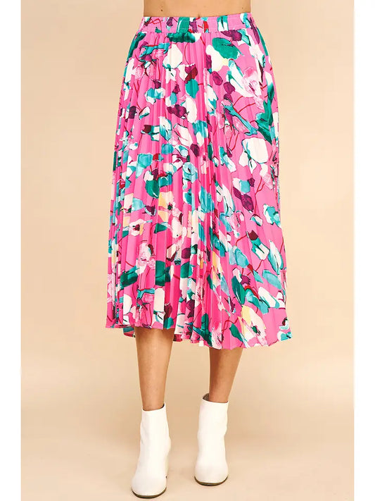 Pinch Pleated Midi Skirt - Pink Floral