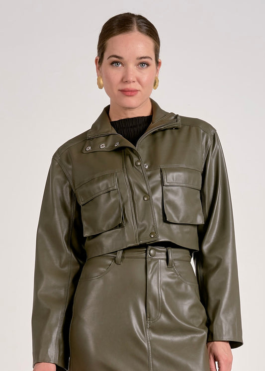 Elan Cropped Faux Leather Jacket - Pine
