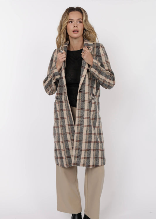 Sage the Label Plaid Long Coat - Cream/Brown